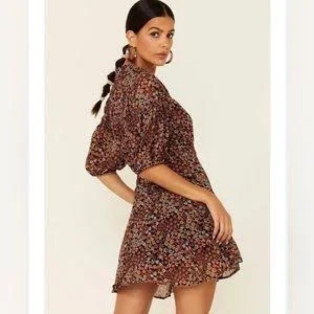 FREE PEOPLE Bonnie Mini Dress Black Sheer Ditsy Floral Print Button Down XS